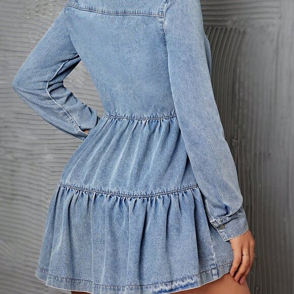 Light Wash Casual Women's long sleeved Waist-Cinching Denim Mini Dress - Picture 2 of 5